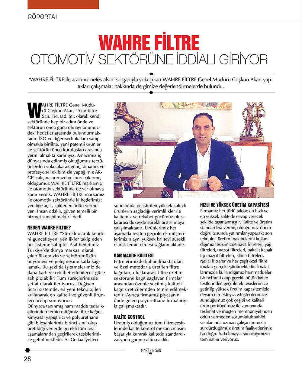 WAHRE FİLTRE OTOMOTİV SEKTÖRÜNE İDDİALI GİRİYOR